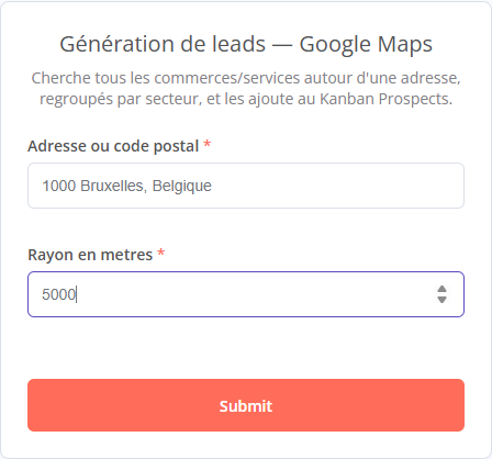 Formulaire de lancement de la recherche de leads : adresse ou code postal et rayon en mètres